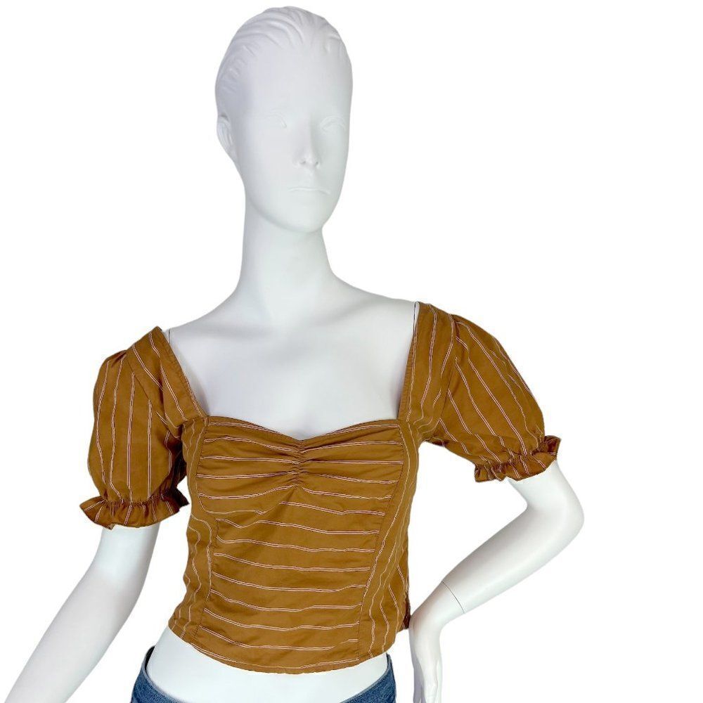 Free People Rose Garden Crop Top in Mustard Stripe Puff Sleeves Size Small